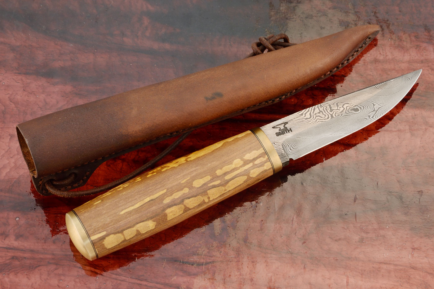 Forged Custom Puukko with Damascus and Applewood