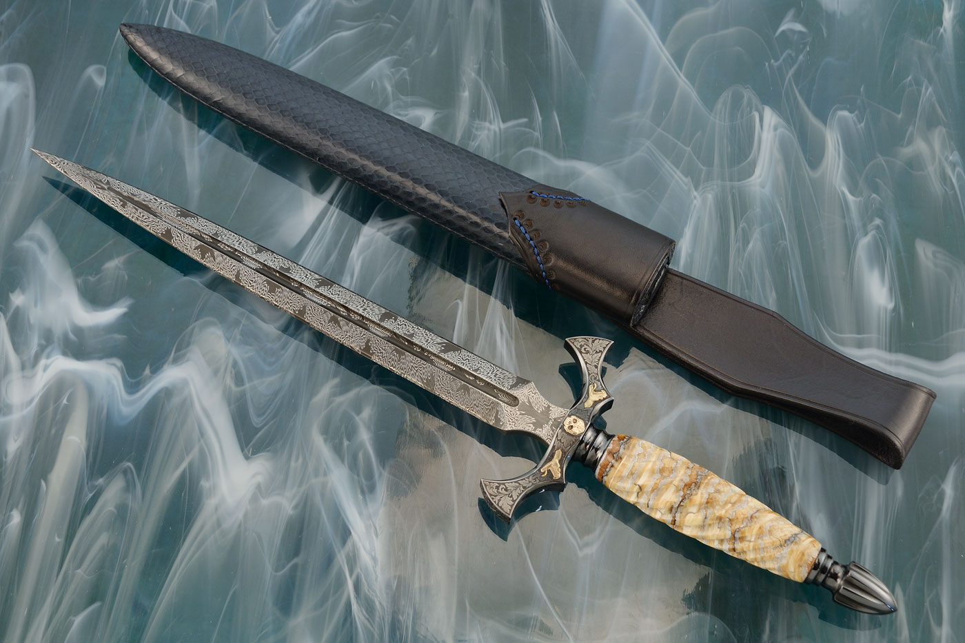 Engraved Mosaic Damascus Dagger with Mammoth Molar