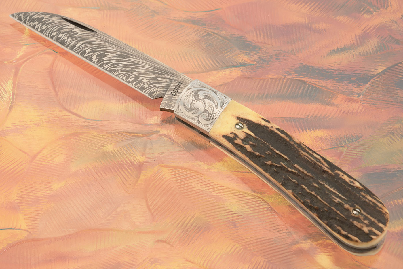 Engraved Damascus Slipjoint Folder with Stag