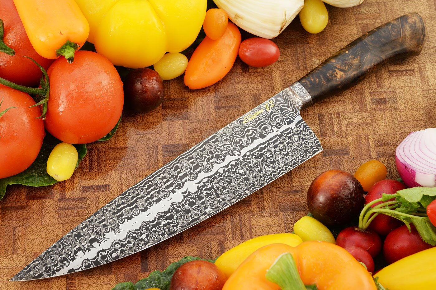 Integral Damascus Chef's Knife with Box Elder Burl (9