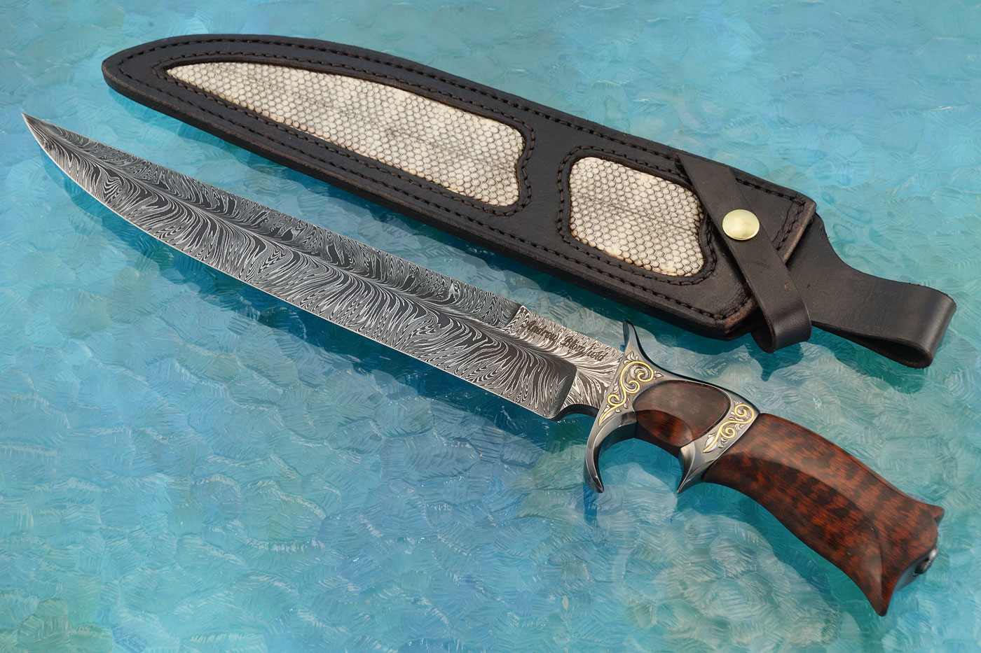 Engraved Damascus Sub-Hilt Take Down Bowie with Snakewood