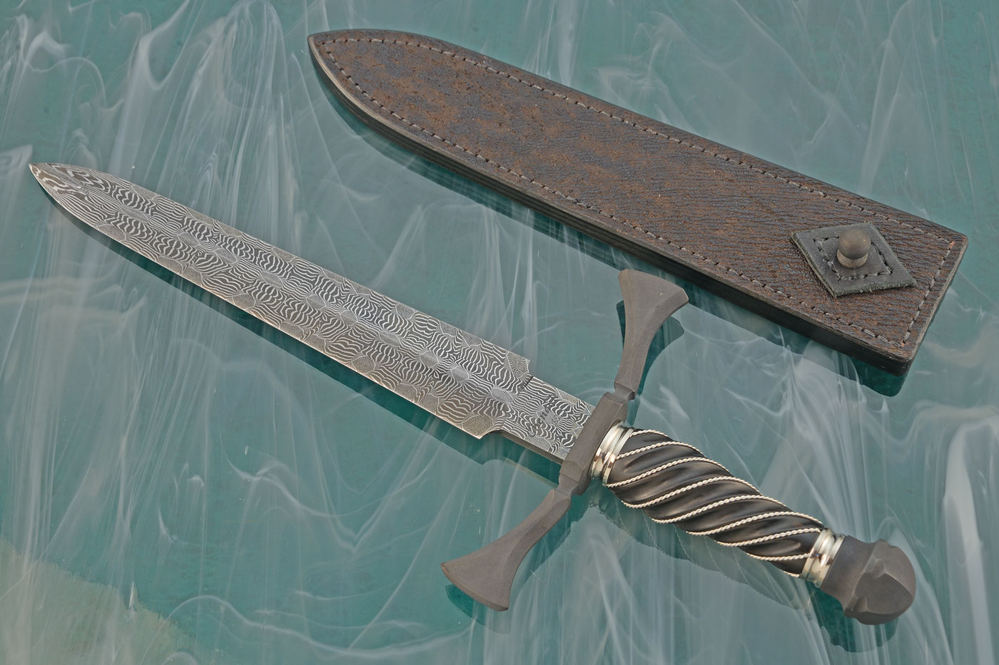 Mosaic Damascus Quillion Dagger with Fluted African Blackwood