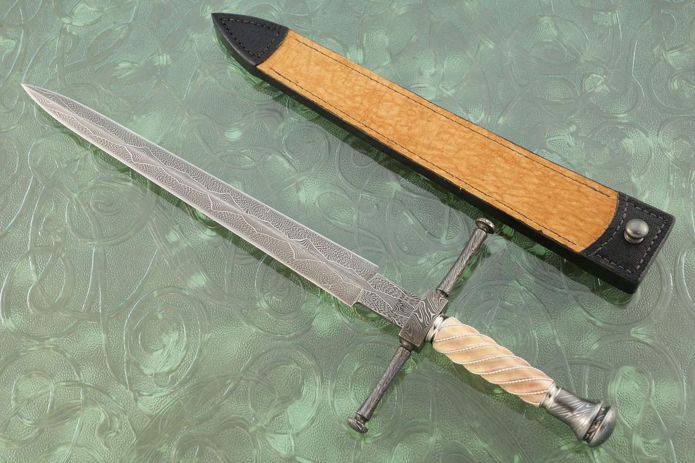 Mosaic Damascus San Mai Dagger with Fluted Ancient Walrus Ivory