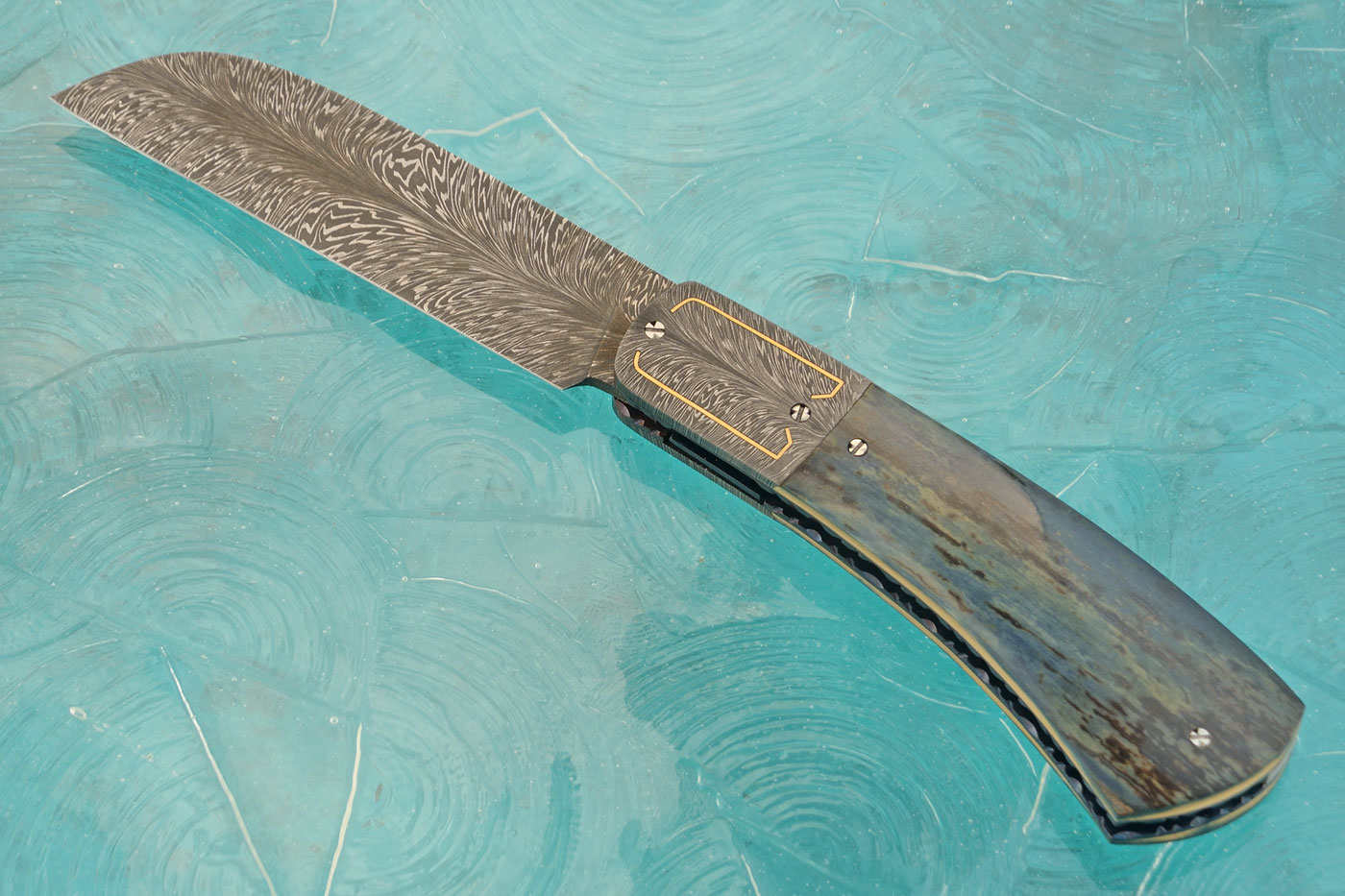 Wharncliffe Damascus Front Flipper with Blue Mammoth Ivory