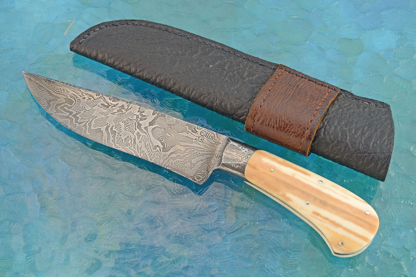 Integral Mosaic Damascus Field Knife with Ancient Walrus Ivory