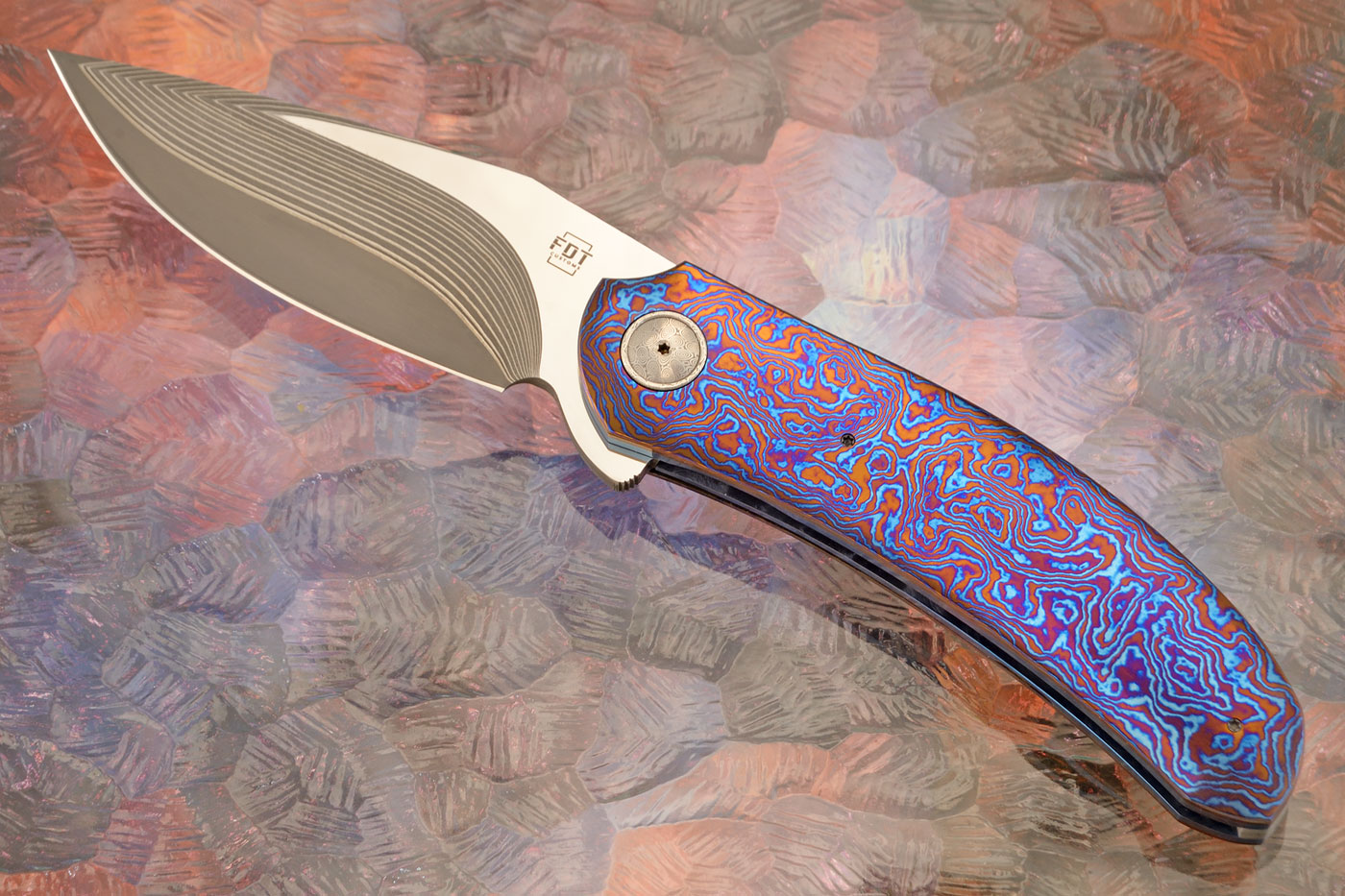 TF-4 Flipper with SG2 San Mai Damascus and White Timascus (Ceramic IKBS)