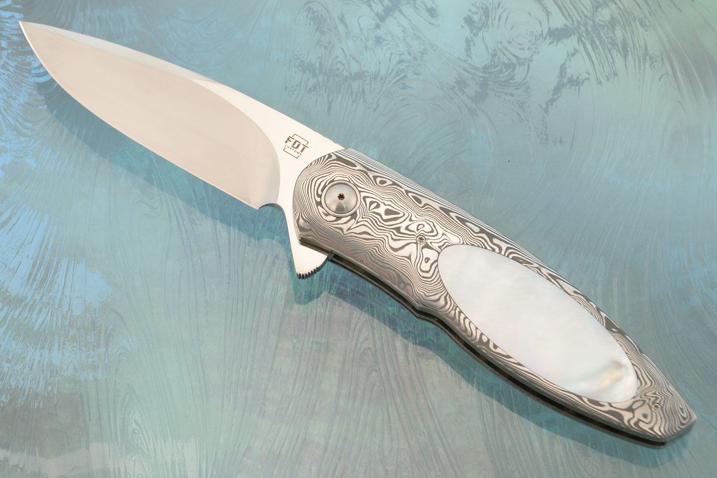 TF-5 Flipper with Damascus and Whitelip Mother of Pearl (Ceramic IKBS) - RWL-34