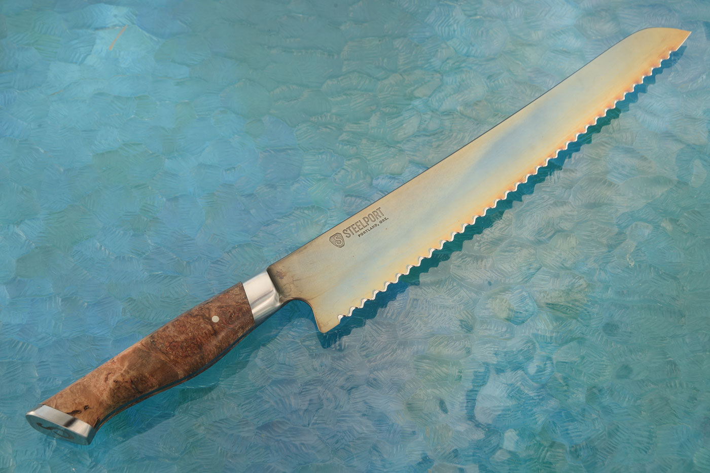 Forged Bread Knife with Bigleaf Maple Burl (10
