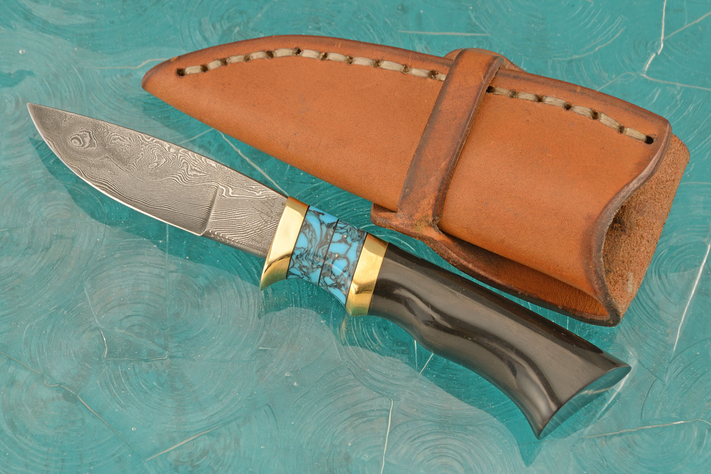 Damascus Sub Hilt Hunter with Buffalo Horn and Turquoise