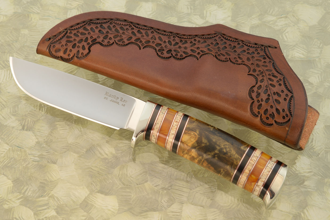 Drop Point Hunter with Buckeye Burl, Oosic, Amber, and Micarta - CPM-154