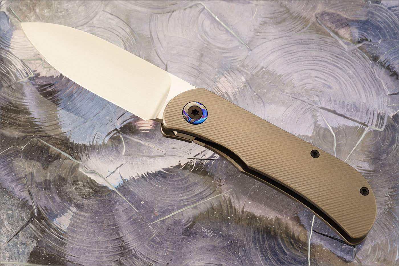 EXK CFL Framelock Front Flipper with Titanium and Black Timascus - Satin Finish, Drop Point - Elmax