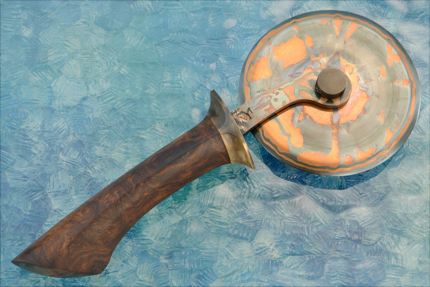 Pizza Cutter with Ironwood and Copper Damascus