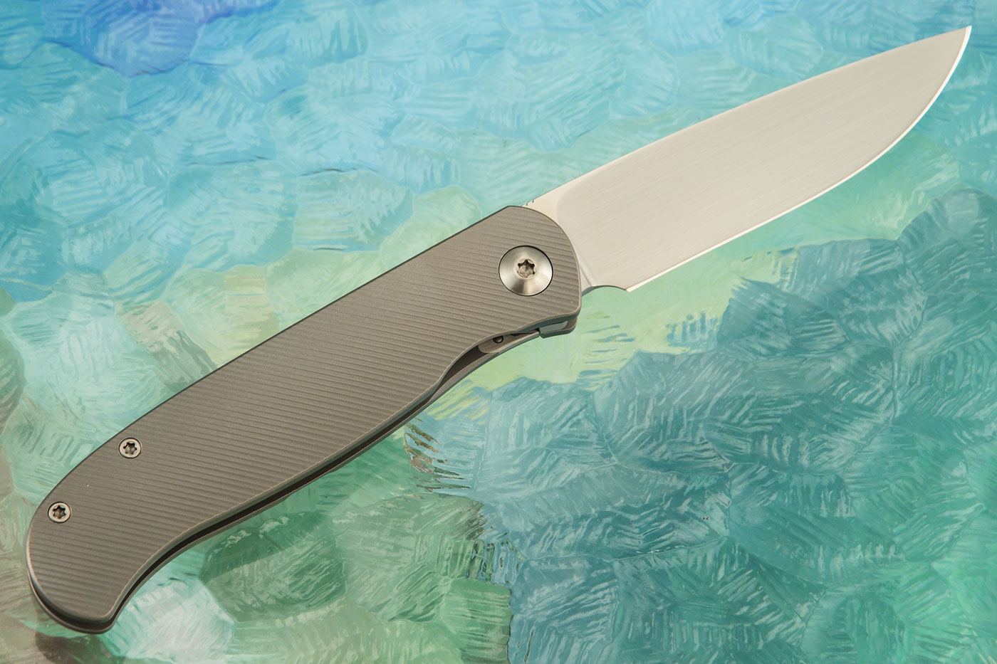Atlas CFL Framelock Front Flipper with Textured Titanium - Satin Finish, Drop Point - Elmax - LEFT HANDED