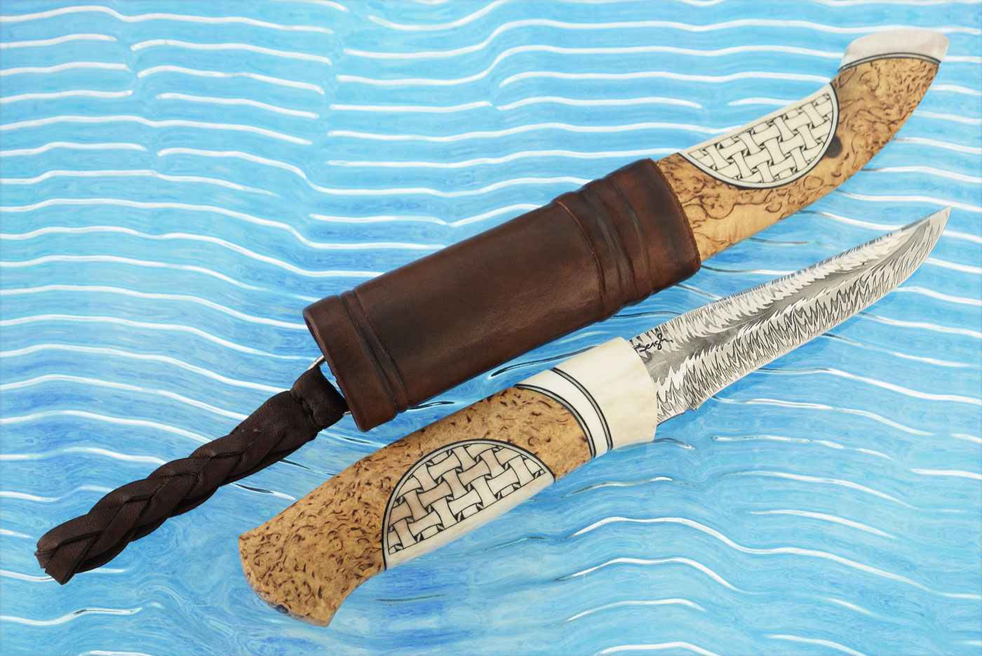 Swedish Utility with Feather Damascus, Engraved Reindeer Antler, and Birch