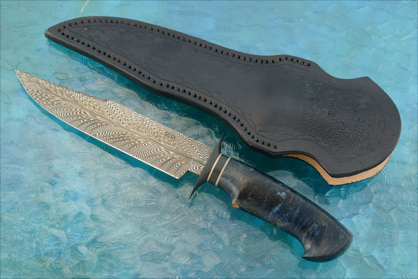 Feather Damascus Bowie with Maple Burl