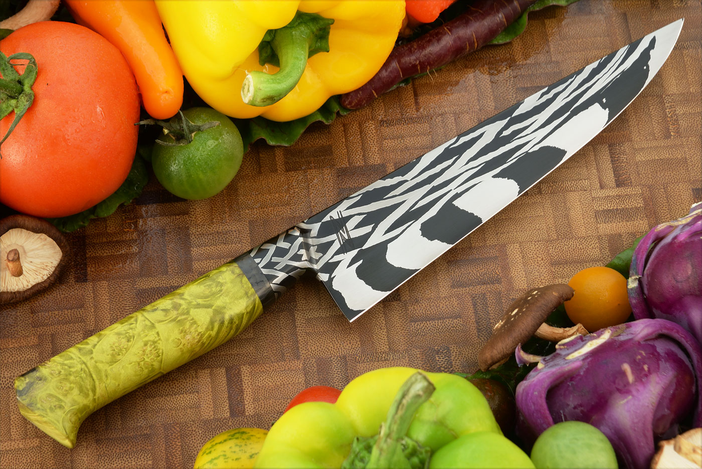 Integral Mosaic Damascus Chef's Knife (7 in.) with Maple Burl and Carbon Fiber