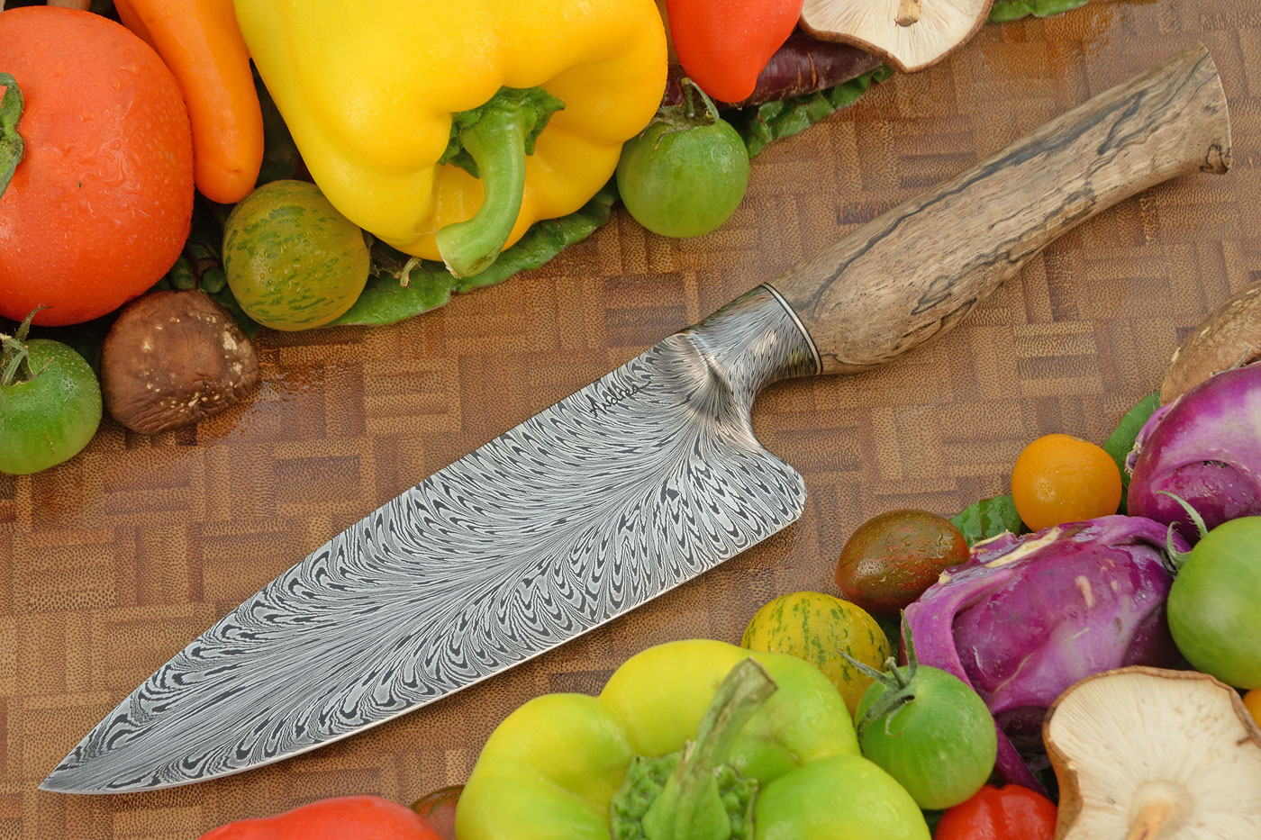 Integral Chef's Knife (7 in.) with Feather Damascus and Curly Spalted Mango