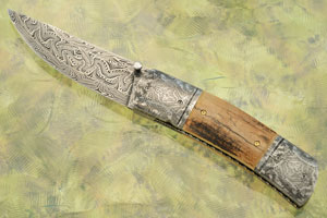 Fossilized Woolly Mammoth Tusk 3 Inch Knife w Damascus Blade