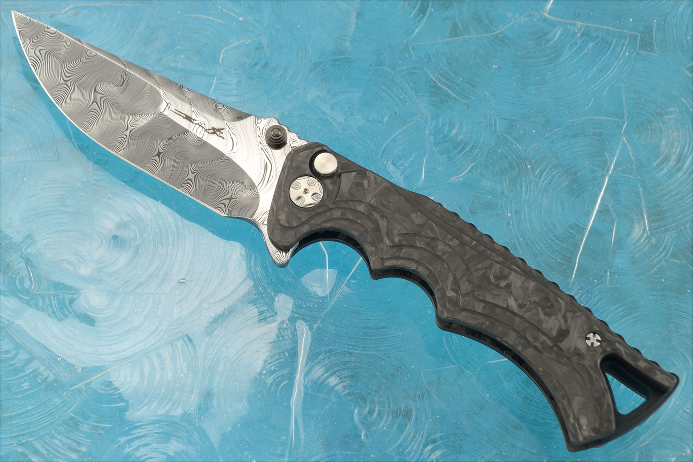 Tighe Fighter Button Lock Flipper with Damasteel and Carbon Fiber