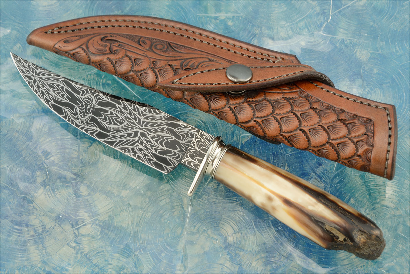 Mosaic Damascus Clip Point Hunter with Ancient Walrus Ivory