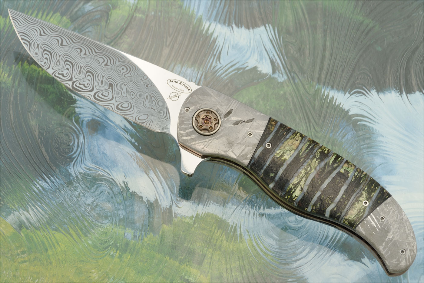 AKGM-02 Damascus Flipper with Mammoth Molar and Meteorite (IKBS)