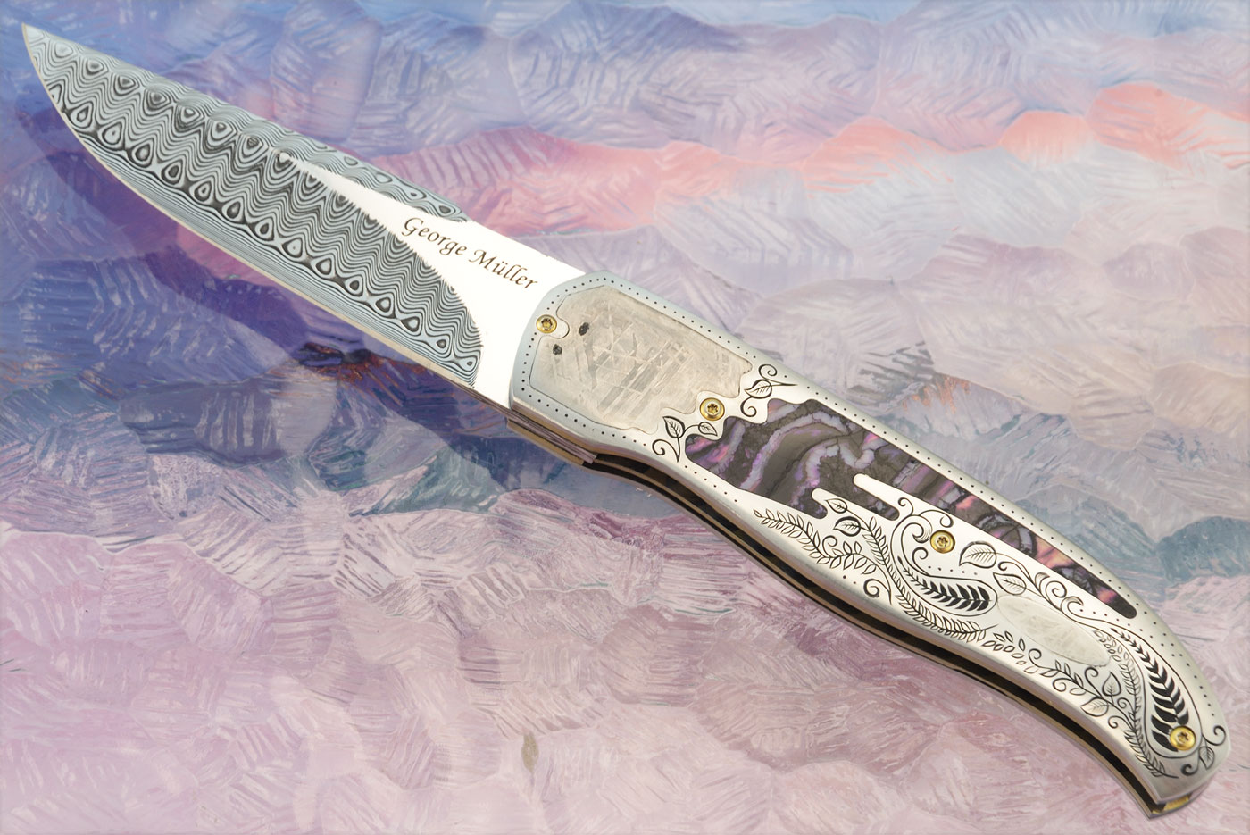 Engraved LL-HH Front Flipper with  Mammoth Molar, Meteorite, and Damascus (Ceramic IKBS)