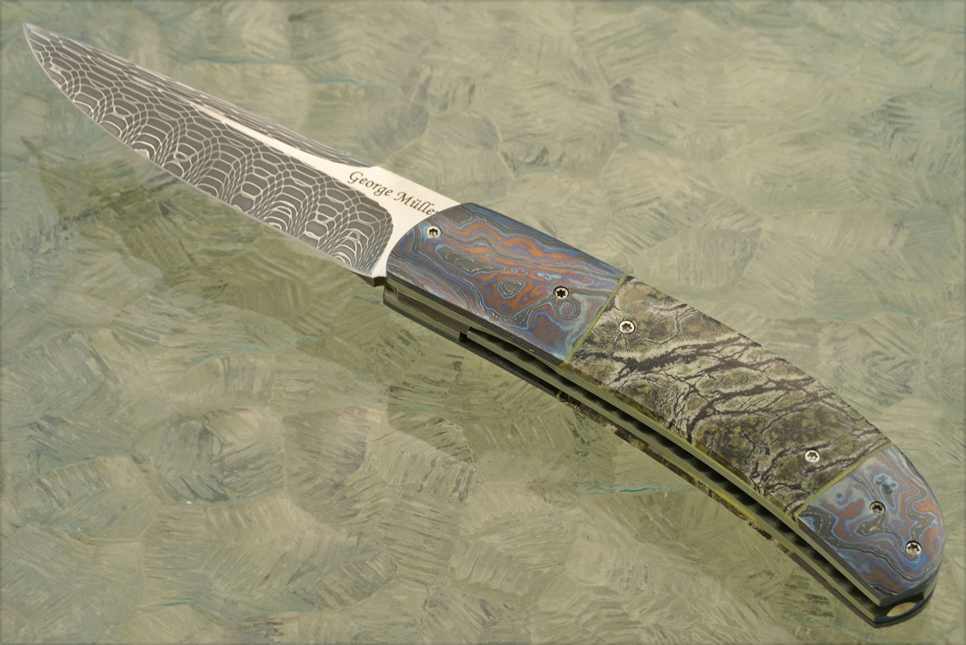 LL-H Front Flipper with Moss Agate, Black Timascus and Damascus (Ceramic IKBS)