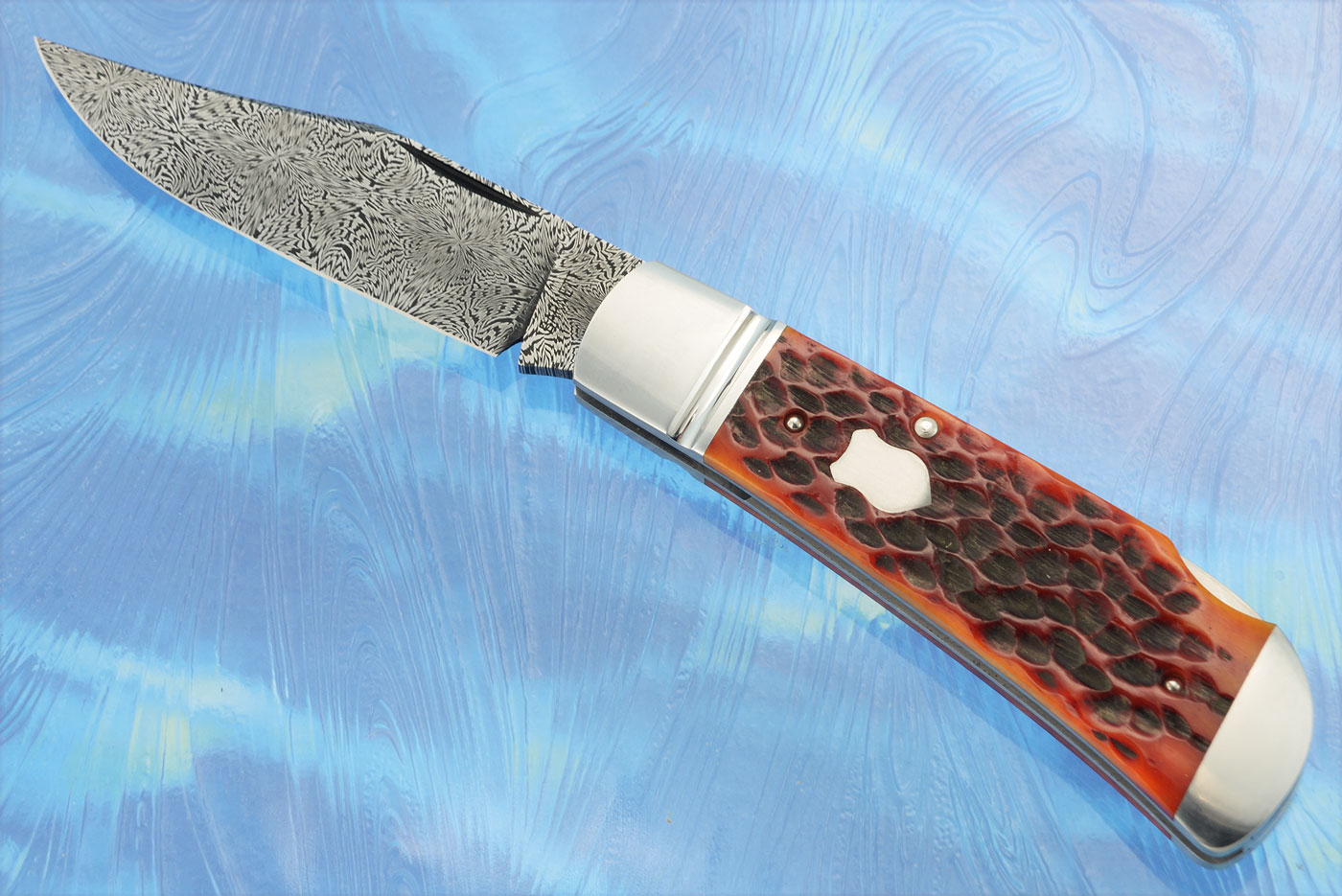 Lanny's Clip Lockback with Mosaic Damascus and Jigged Bone