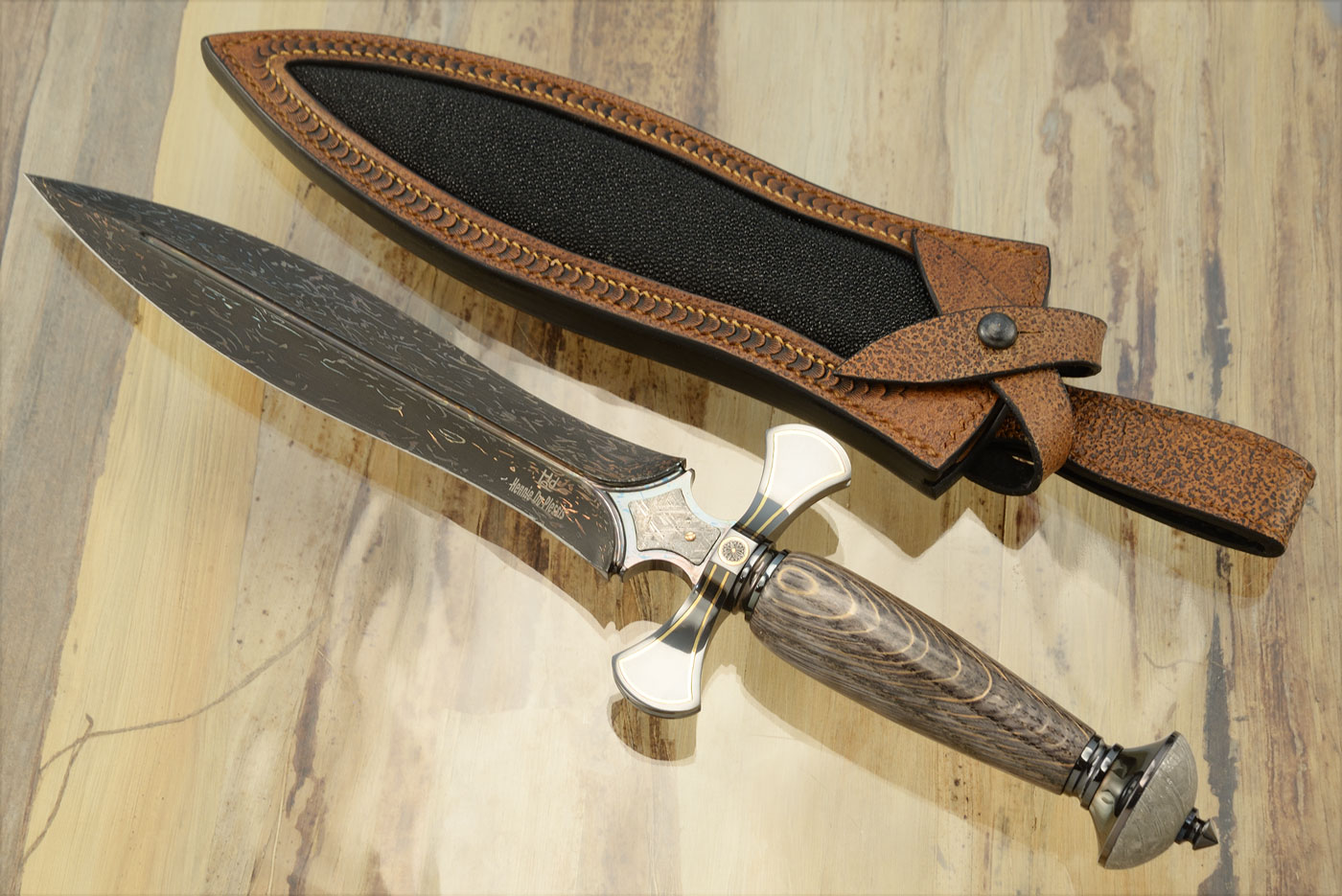 Meteorite and Bog Oak Damascus Dagger