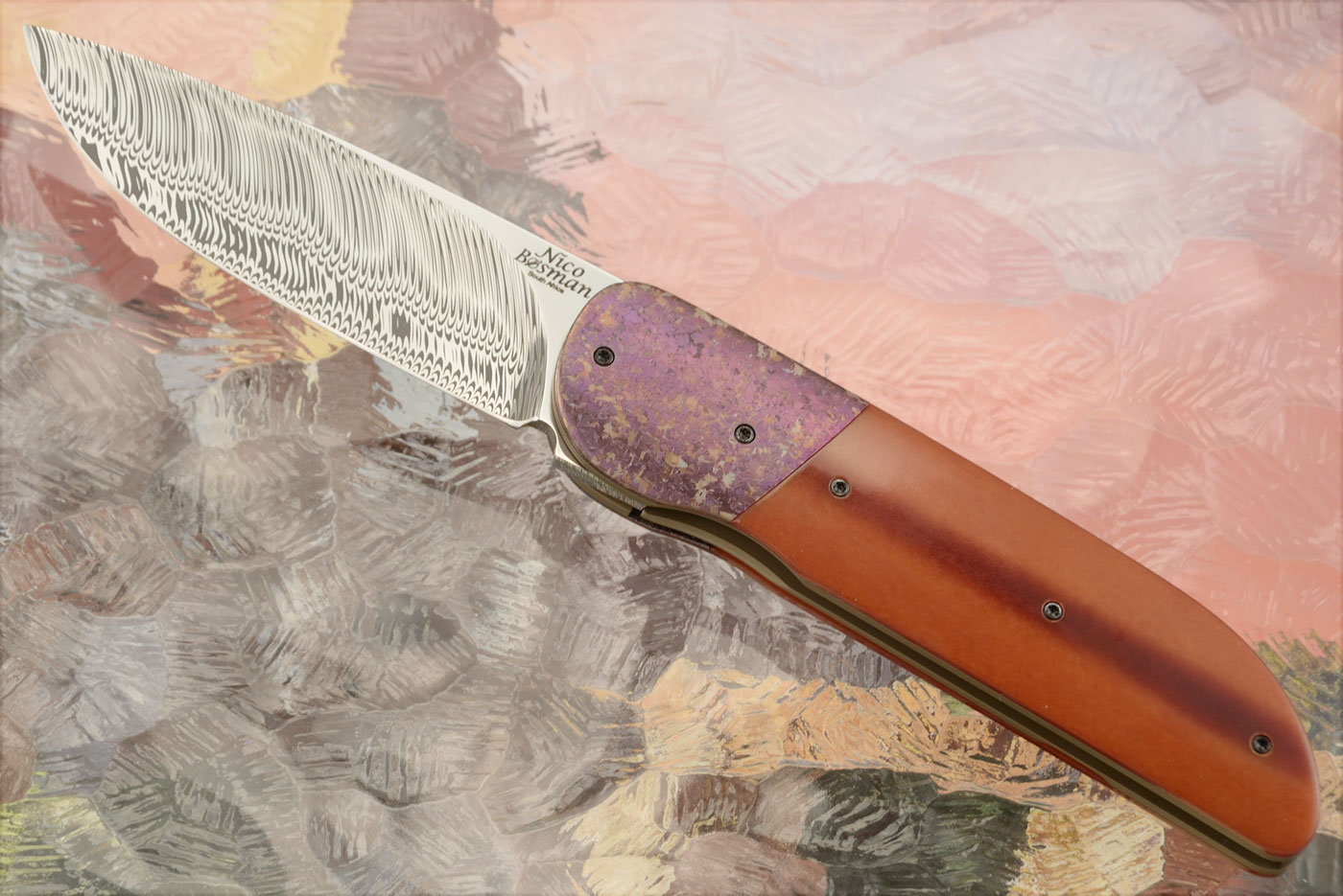 Damascus Featherweight Flipper with Antique Westinghouse Micarta and Crystaline Ti