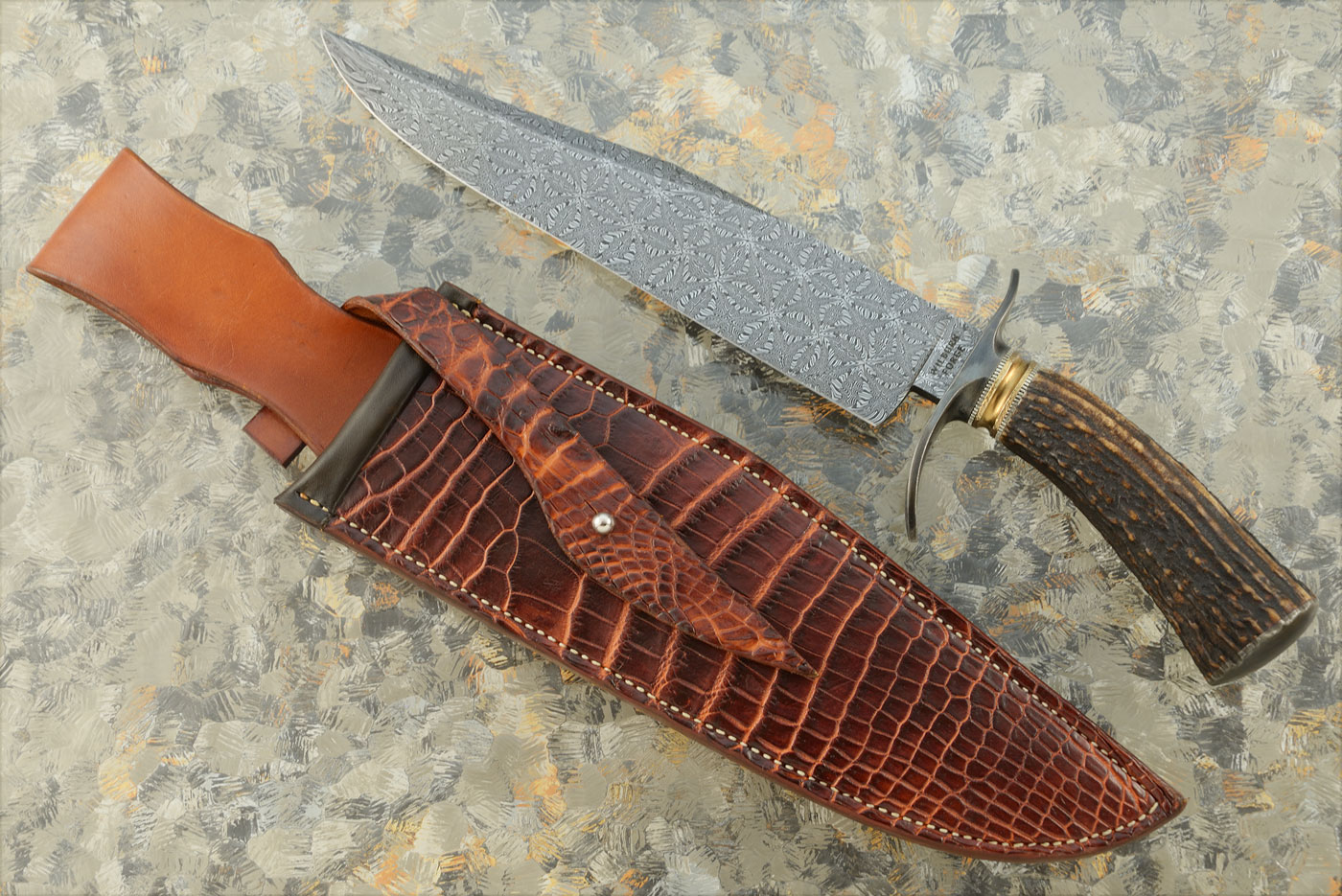 Mosaic Damascus Bowie with Sambar Stag