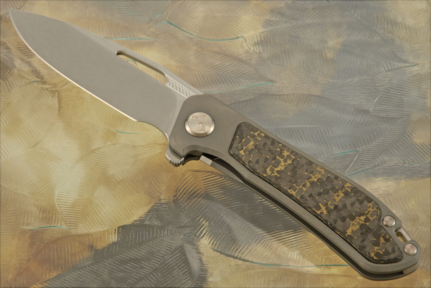Orca 2.0 Frame Lock Flipper with Gold Snakeskin FatCarbon Inlay - Stonewash M390 - Serial 129