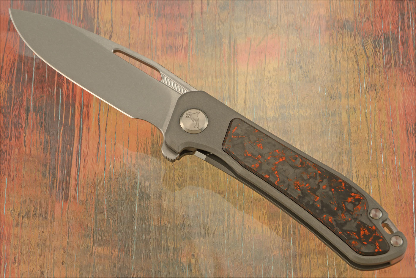 Orca 2.0 Frame Lock Flipper with Orange TechnoCarbo Inlay - Stonewash M390 - Serial 119