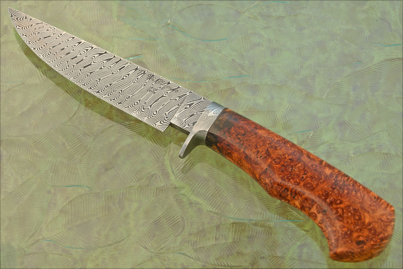 Turkish Damascus Hunter with Amboyna Burl <i>(MS Test Knife)</i>