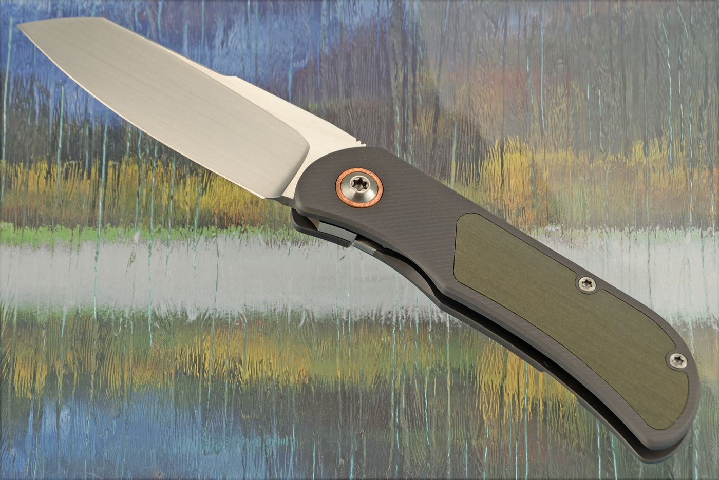 EXK CFL Framelock Front Flipper with OD Green Micarta and Copper - Satin Finish Elmax