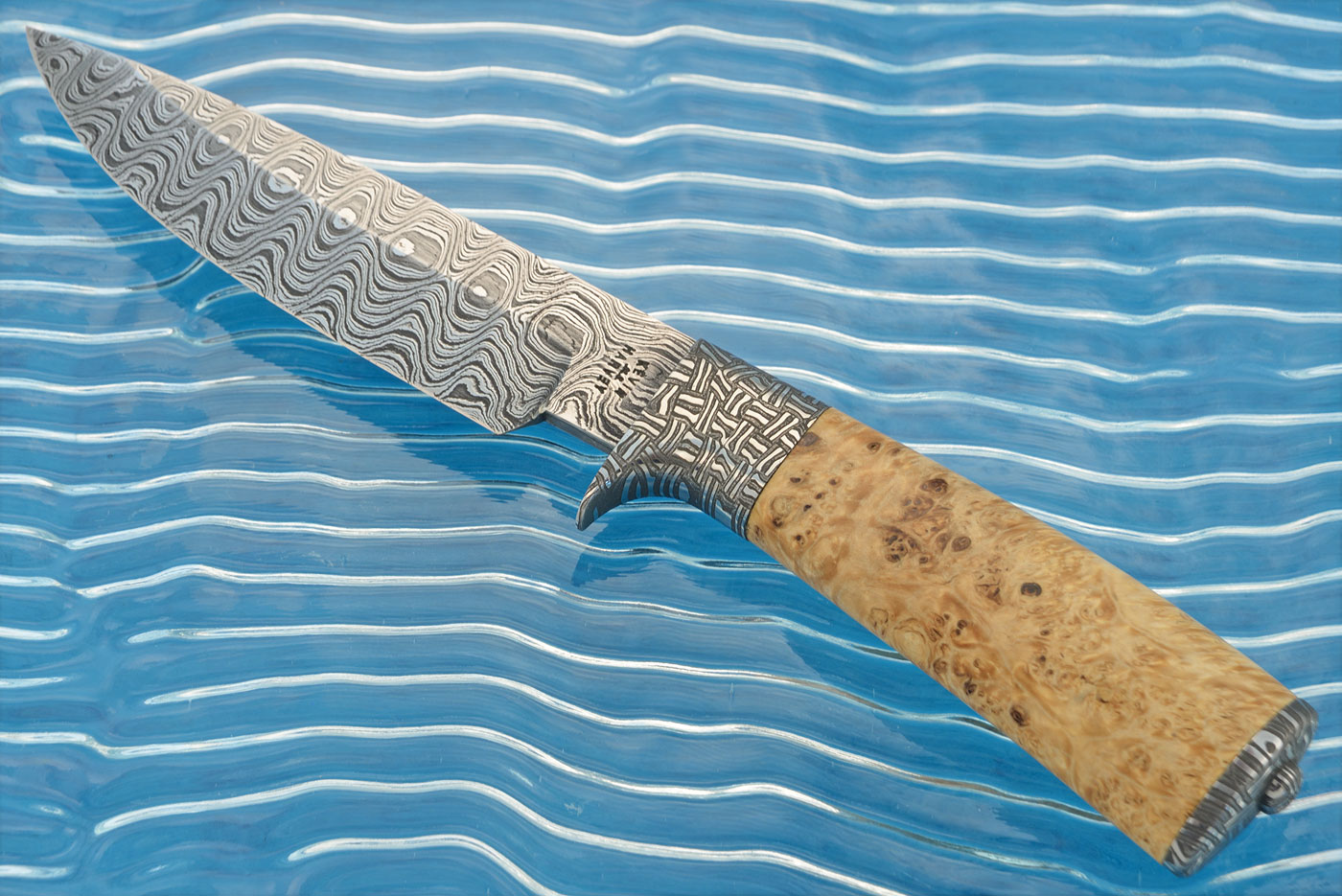Damascus Drop Point Hunter with Box Elder Burl