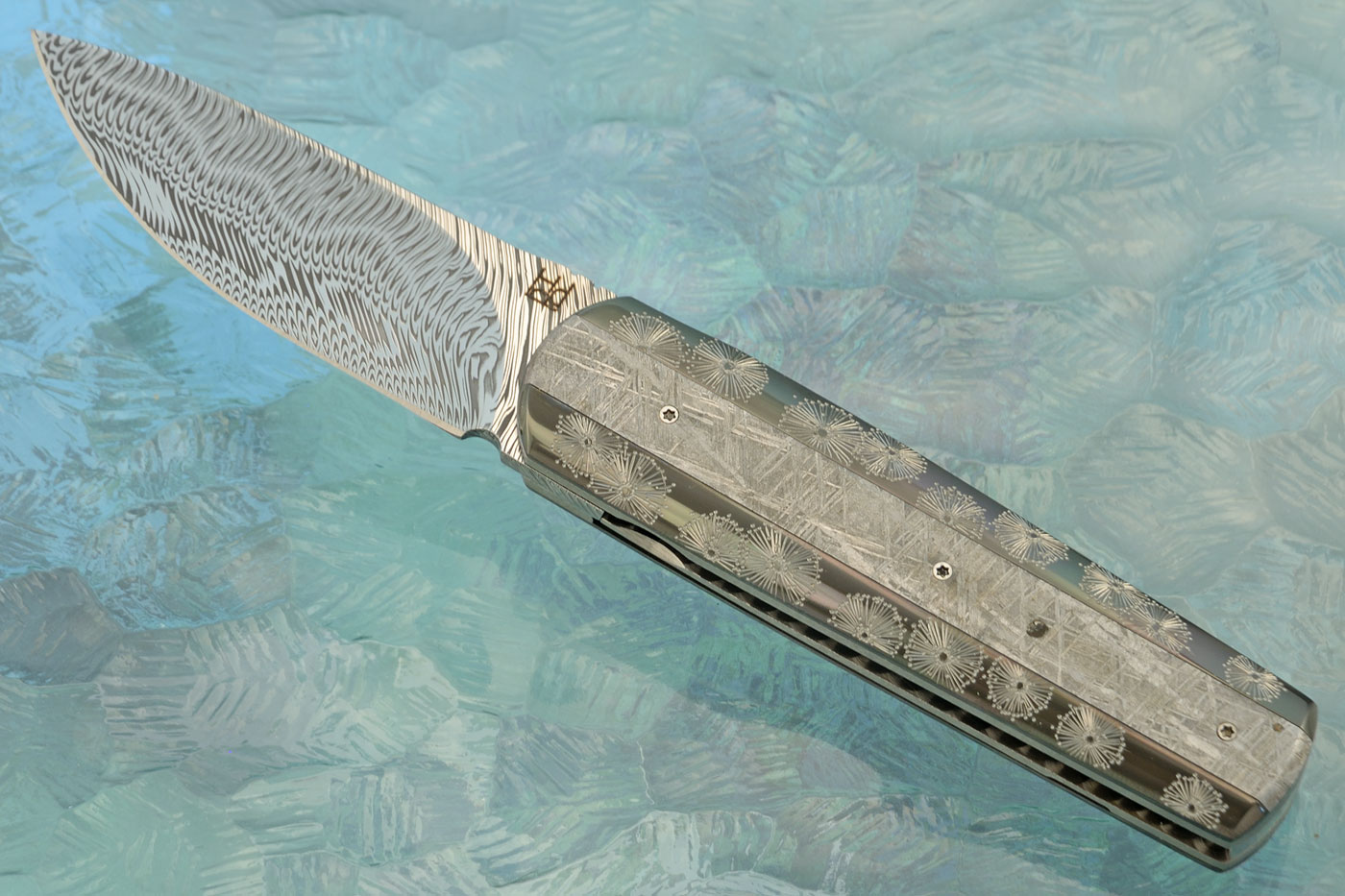 Damascus Front Flipper with Engraved Zirconium and Meteorite (IKBS)