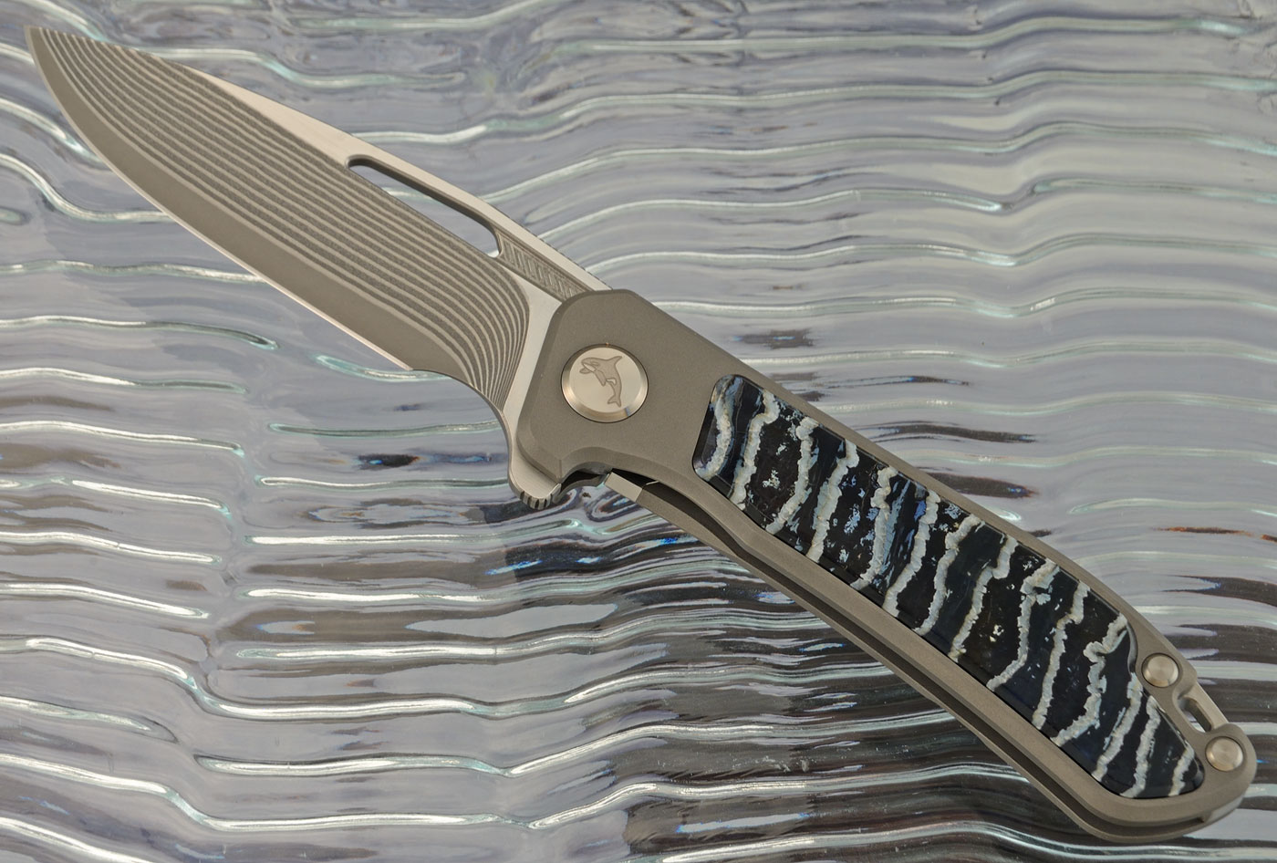 Orca 2.0 Frame Lock Flipper with Blue Mammoth Molar Inlay - SG2 San Mai Damascus - Serial 303