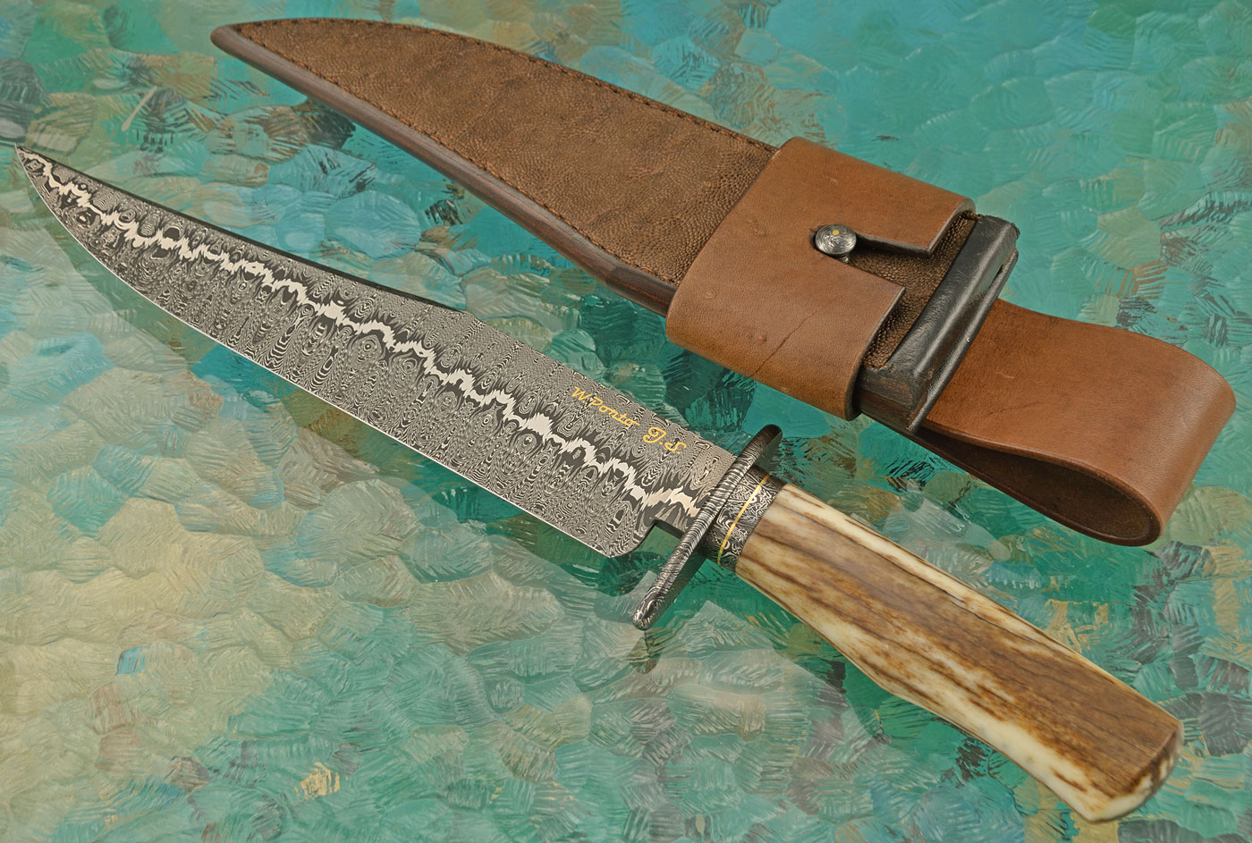 Damascus Bowie with Bone