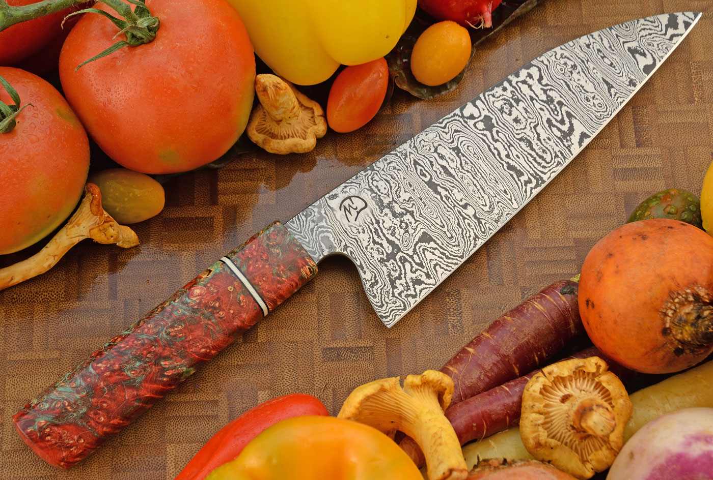 Damascus Chef's Knife-Santoku (7 in) with Box Elder Burl