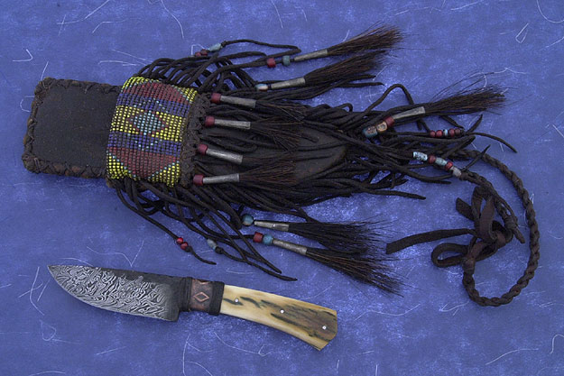 Damascus Neck Knife with Beadwork