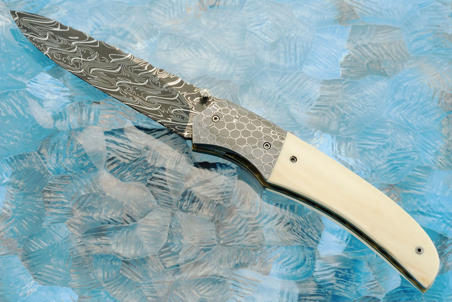 Linerlock Folder with Damascus and Mammoth Ivory