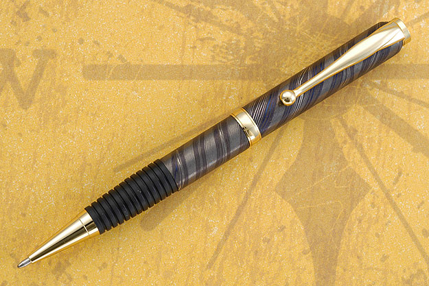 Blued Damascus Pen with Gold Plate Fittings