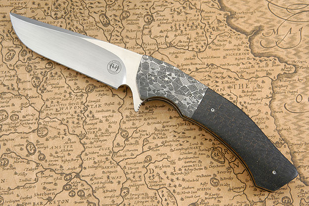 Damascus and Lightning Strike Carbon Fiber M17 Flipper with Moonglow II Inlay (IKBS)
