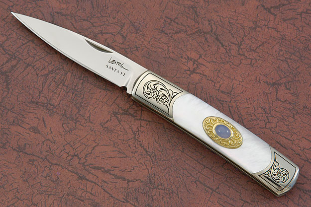 Engraved Acero with Mother of Pearl and Blue Chalcedony