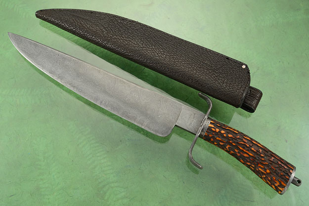 Damascus S-Guard Bowie with Sambar Stag