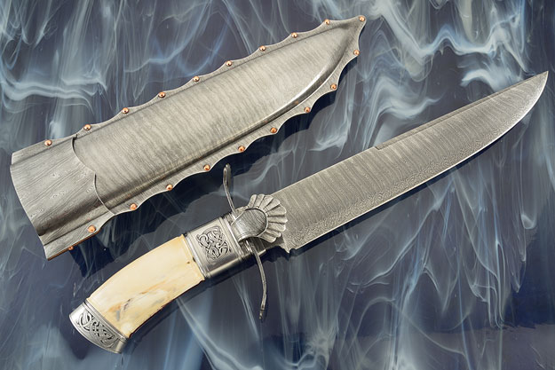 Damascus Clamshell Bowie with Mammoth Ivory