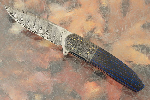 L28 Flipper with Damascus, Engraved Zirconium, Gold Inlay, and Blue Lightning Strike Carbon Fiber (Ceramic IKBS)