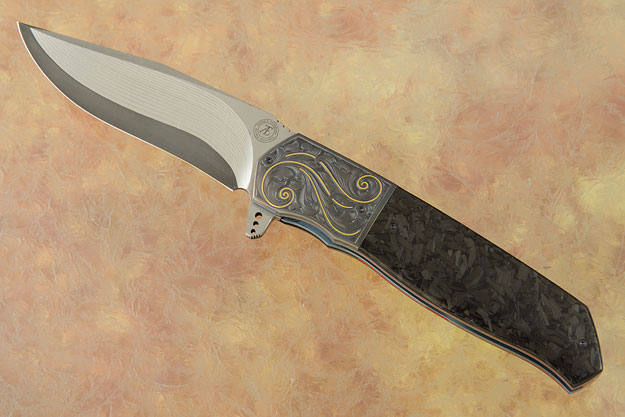 L36M Flipper with Marbled Carbon Fiber, Zirconium, and SG2 San Mai Damascus - Engraved Scrolls and Gold Inlay (Ceramic IKBS)