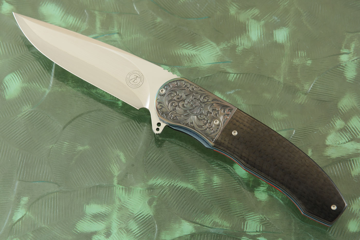 L48 Flipper with Carbon Fiber and Engraved Zirconium and SG2 San Mai Damascus (Ceramic IKBS)